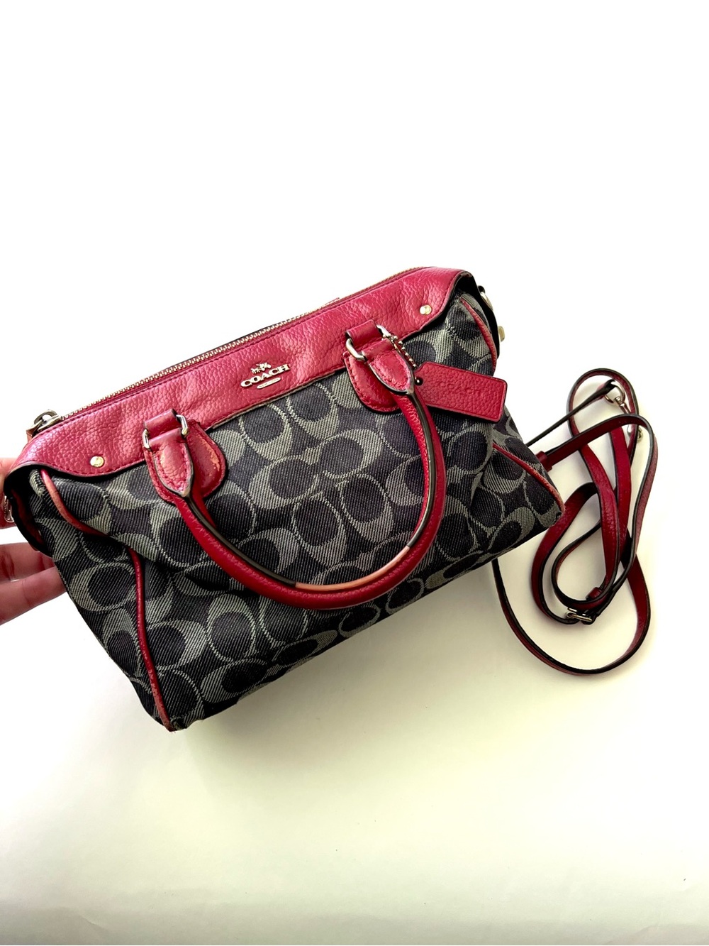 COACH Signature Canvas Satchel in denim and Red leather